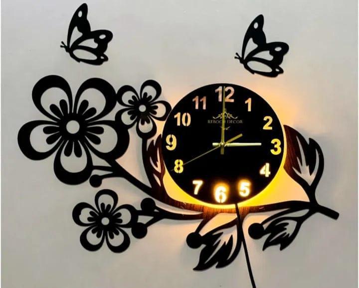 Stylish Flower Design Wooden Wall Clock with Light – Home Wall Decor
