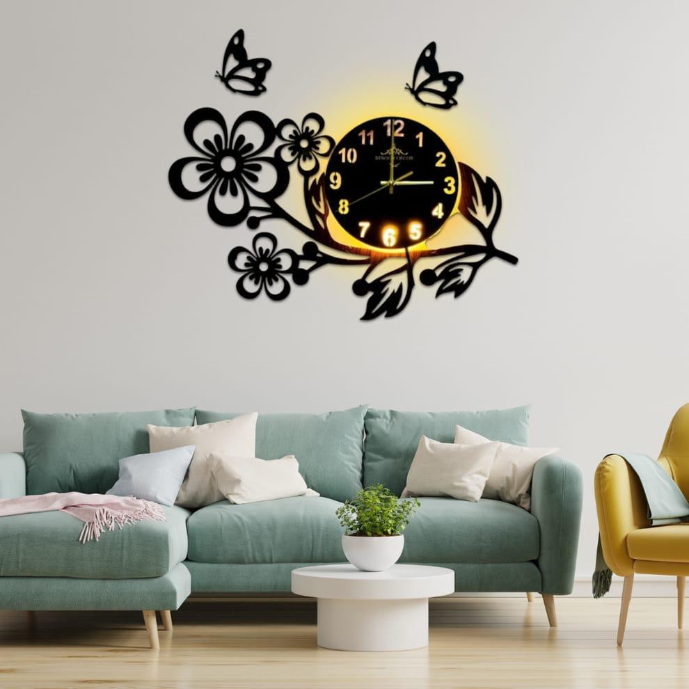 Stylish Flower Design Wooden Wall Clock with Light – Home Wall Decor